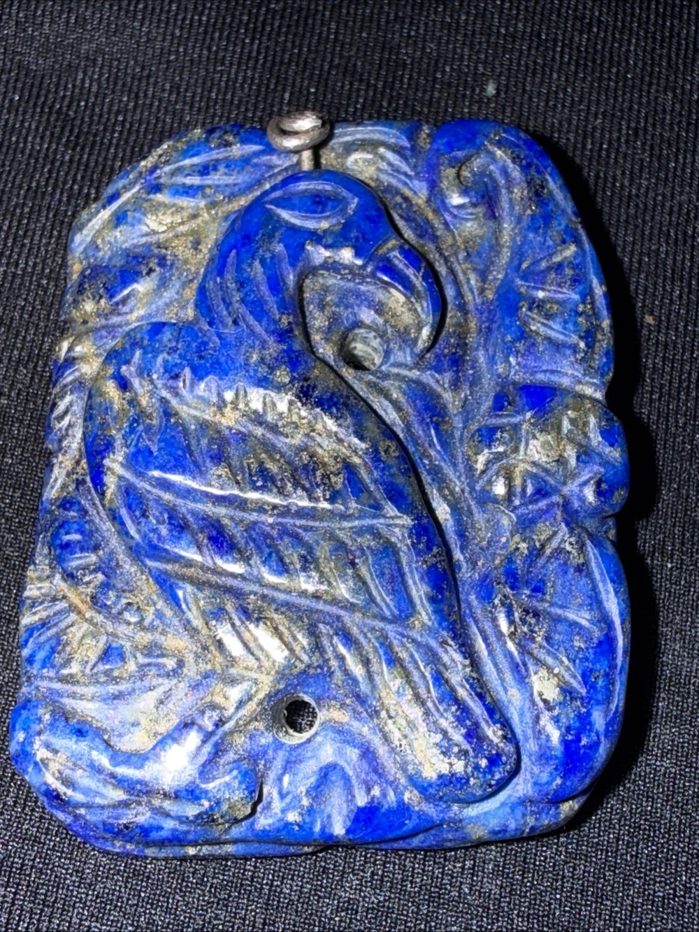Lapis blue carved stone pendant bird fish Lazuli